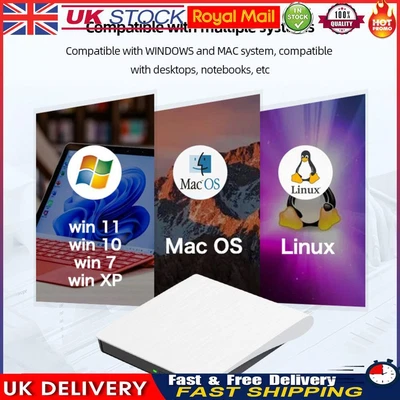 6 In 1 Portable CD DVD Burner Compatible With Win Mac OS CD/DVD Bluray Player • £46.79