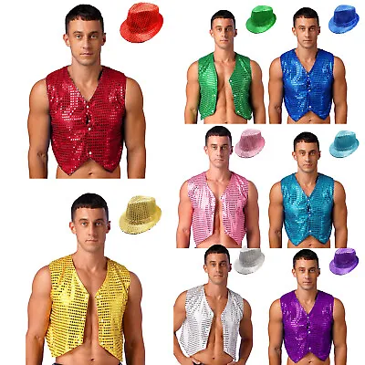 Men Vest Streetwear Waistcoat Dancewear Tank Top Sequins Outfits Cowboy Hat • $25.29