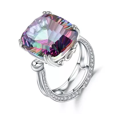 18.4Ct Natural Rainbow Mystic Quartz Gemstone 925 Sterling Silver Statement Ring • $69.29