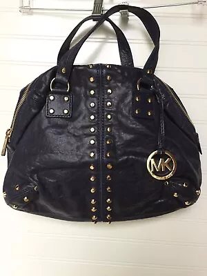 NWT Michael Kors Gold Studded Leather Dark Navy LG Satchel Uptown Astor NEW $398 • $154