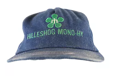 Vtg 80s Distressed K-Products Hilleshog Seeds Spell Out Denim Snapback Hat USA • $35.95