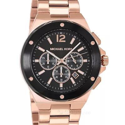 Michael Kors Mens Lennox Chronograph Watch Black Dial Rose Gold Stainless Steel • $110.81