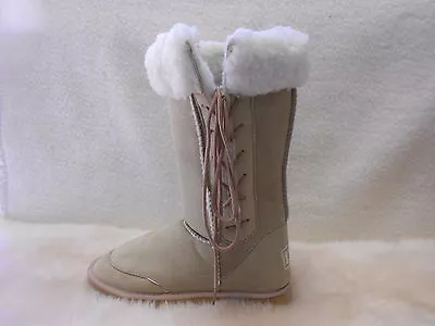 Ugg Boots Tall Synthetic Wool Lace Up Youth Size 2 Colour Beige • $35