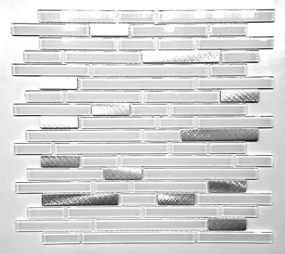 Pure White Glass And Brushed Aluminum 12x12 Matchstick Mix Mosaic Wall Tile • $15.99