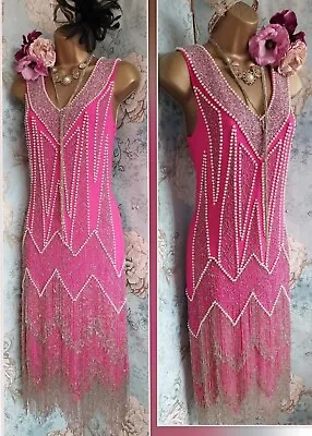 Miss Selfridge Rare Beaded Pink Silver Deco 20s Gatsby Flapper Evening Dress 6 8 • £185