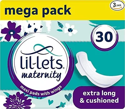 £7 • Buy Lil-Lets Maternity Pads, Extra Long Maxi Thick Pads With Wings, 3 Packs Of 10