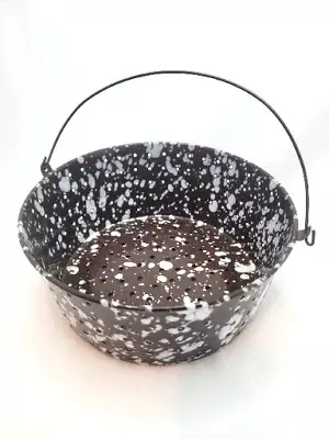 Vintage Splatterware Brown White Graniteware Colander Farm Bucket With Handle • $32.99