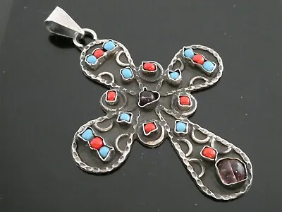 Vintage Mexico TC-140 Sterling 925 Turquoise Coral MATL Style CROSS Pendant 3  • $110