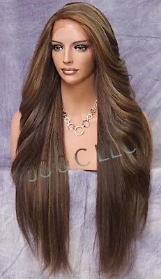 Extra Long Human Hair Blend Heat OK Full Lace Front Wig Brown Mix WBPC 8/27/613 • $89.94