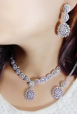 Designer Indian Bollywood Silver Plated White AD CZ Necklace Tika Jewelry Set • $19.57