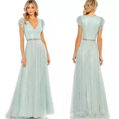 Mac Duggal Sequined Wrap Over Ruffled Cap Sleeve Gown 12 Mint Green • $190