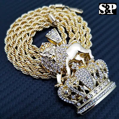 FULL ICED HIP HOP RAPPER'S LION KING CROWN FASHION PENDANT & 4mm 24  ROPE CHAIN • $16.99