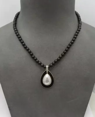 14k Solid Yellow Gold Pear Mabe Pearl Black Onyx Pendant Necklace Enhancer Bail • $495