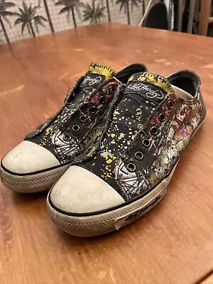 ED HARDY Low Top Sneakers Distressed Skull Tattoo Slip On Shoes Women's Size 10 • $22