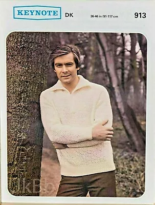 Keynote Knitting Pattern 913 Sweater Mens Collared Jumper 36-46  Vintage 1970s • £3.99