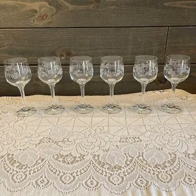 Vintage Crystal Floral Etched Stemmed Wine Glasses Set Of 6 • $60