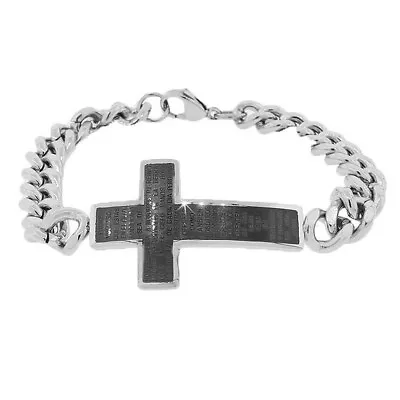 Stainless Steel Silver-Tone Religious Cross Lord's Prayer Men's Chain Bracelet • £17.35