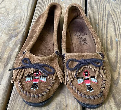 Minnetonka Thunderbird Suede Moccasins Brown Womens  7 Loafers Beaded Fringe • $13.49