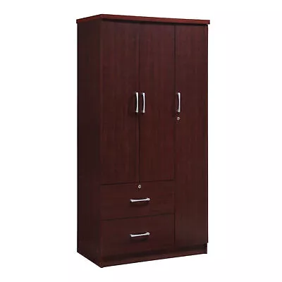 Hodedah Import 3 Door Armoire With Clothing Rod Shelves & 2 Drawers Mahogany • $271.99