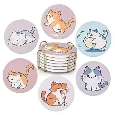 6 Pcs Cute Coasters Funny Cat Coasters With Holder Absorbent Different Cats • $26.19