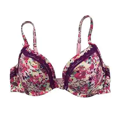 Marie Meili Women's Size 32C Pink Purple Floral Lace Padded Push Up T-Shirt Bra • £11.58