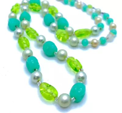 Unique Vtg Japan Green Aqua Mold Glass Bead Faux Pearl Beaded Necklace • $19.50