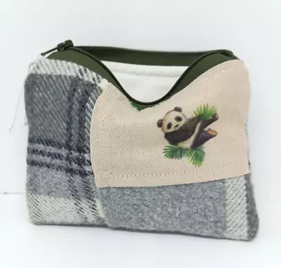 Panda Purse Handmade Elgin Wool Tartan Black Grey Purse Zip Pouch • £5.50