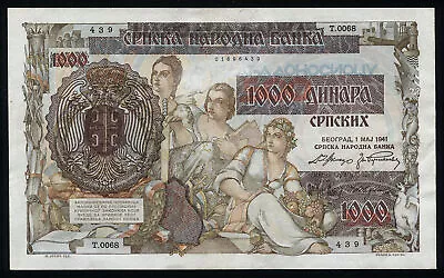 SERBIA 1000 DINARA 1941 Overprint Banknote - WW2 German Occupation P-24 P24 (XF) • $11.99