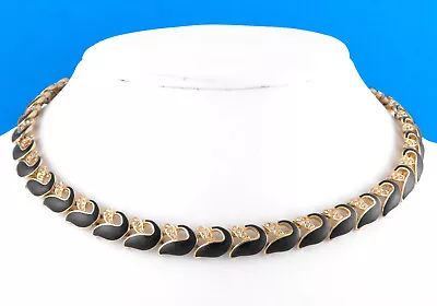 * 1970s MONET STYLE VINTAGE BLACK ENAMEL & CLEAR RHINESTONES GOLD TONE NECKLACE • $14.99