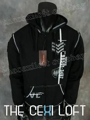 Mens Sherpa Lined Black Hoodie Jacket Military Graphic White Stitch Hooded • $15.99