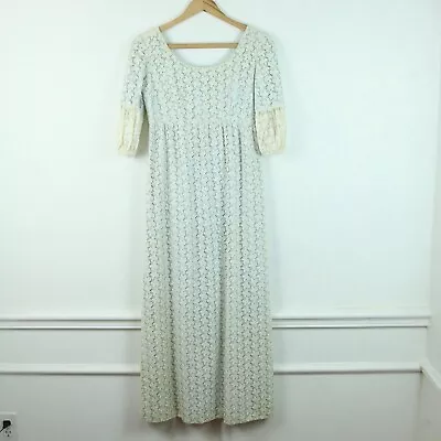 VIntage 60s 70s Puff Sleeve White Lace Maxi Dress Scoop Neck XXS Wedding Bridal • $66.50