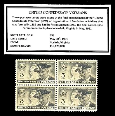 1951 - UNITED CONFEDERATE VETERANS (UCV) -Mint Block Of 4 Vintage Postage Stamps • $4.50