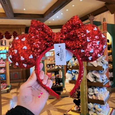 US Valentines Day Heart Red Sequin Bow Disney Parks Ears Mickey Mouse Headband • $18.39
