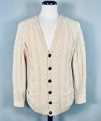 Aran Fisherman Cardigan Sweater Mens L Beige Wool Cable Knit Button Up • $49.89
