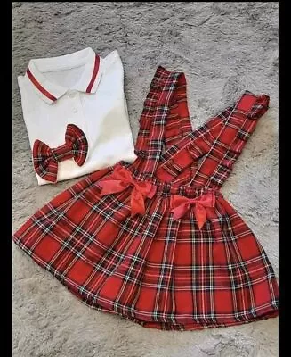 Handmade Check Tartan Red Girls Outfit Set Skirt Polo Shirts Clip 2-14 Xmas • £27.49