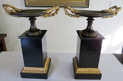 Pair Antique 19c Grand Tour French Bronze Marble Garnitures Mantel Urns Tazzas • $1150