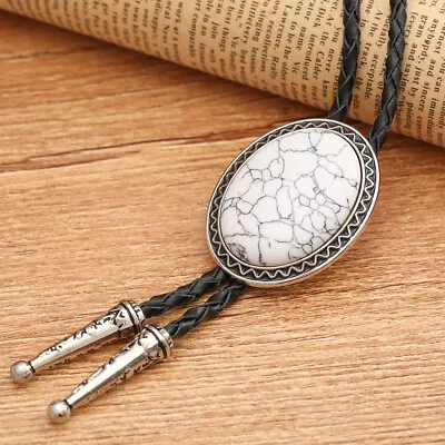 White Granite Mens Bola Bolo Tie Wedding Necklace Western Cowboy - PU Leather • $11.99