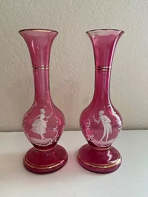 Antique Cranberry Glass Mary Gregory Style Pair Of Vases Enamel Courting Couple • $150