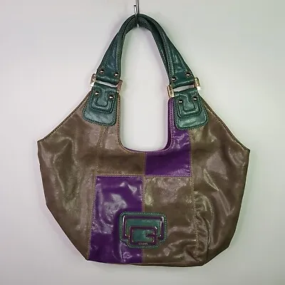 Vintage GUESS Leather Tote Shoulder Handbag Womens Large Grey Purple Embroidered • $99.95