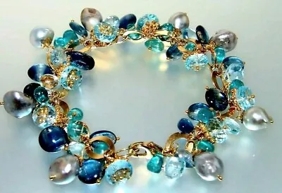 $379 • Buy Kyanite Apatite Blue Topaz Blue Baroque Akoya Pearl Bracelet Vermeil Sterling 