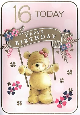 Happy 16th Birthday Card Cute Bear With Banner 16 Today Flowers For Her Female • £2.69