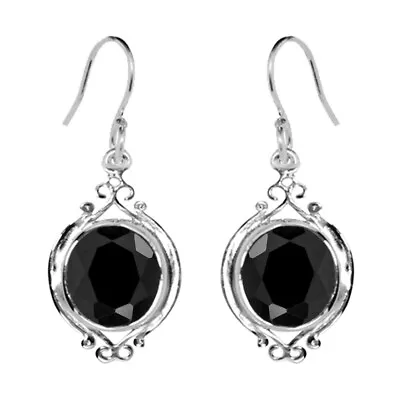 Round Black Spinel 925 Sterling Silver Solitaire Vintage Dangle Drop Earring • $10.50