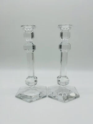 $48 • Buy PAIR Val St Lambert GARDENIA Crystal Candlesticks Candle Holders Signed 9-3/8”