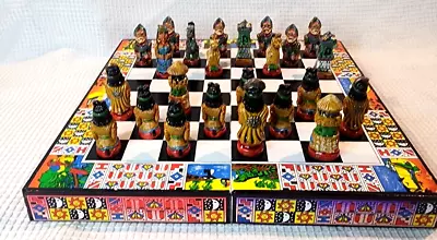 Vtg Hand Painted Portable Chess Set Aztec Mayan Incas VS Spanish Conquistadors • $27