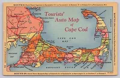 Cape Cod Massachusetts Tourists Auto Map Vintage Postcard • $6.39