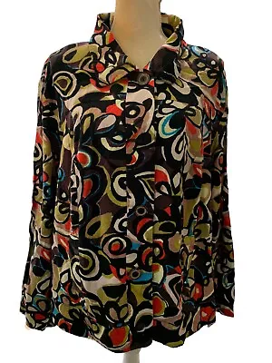 RQT Womens Colorful Bold Button Front Blouse 2XL Linen Rayon Blend Abstract • $22