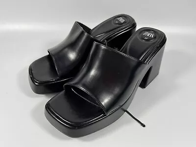 ZARA Womens Platform Heeled Sandals Mules In Black US SIZE 6.5 • $55