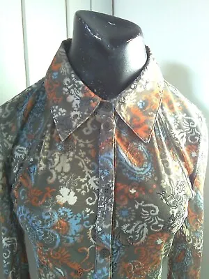 Y2K Mexx Women's Blouse Sheer Mesh Fitted Khaki Muted Paisley 90s Extra Small • £5.50