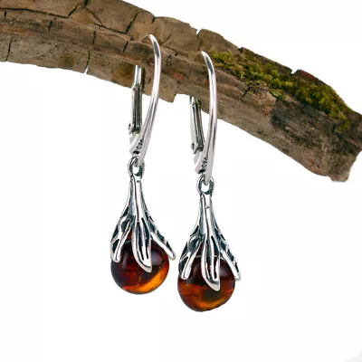 Sterling Silver Earrings Jewellery Amber Brown Dangle Pear Natural  Snowdrop 925 • £16.95