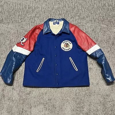 Vtg Seattle Indians Hockey Wool Leather Varsity Jacket Men’s Size XL Blue Red  • $149.99